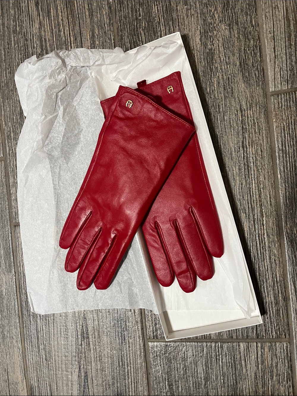 Etienne Aigner Deep Red Leather Gloves with Gold Tone A Logo